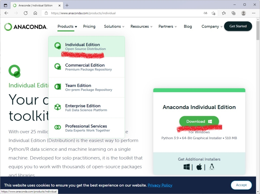 Anacondaダウンロード画面